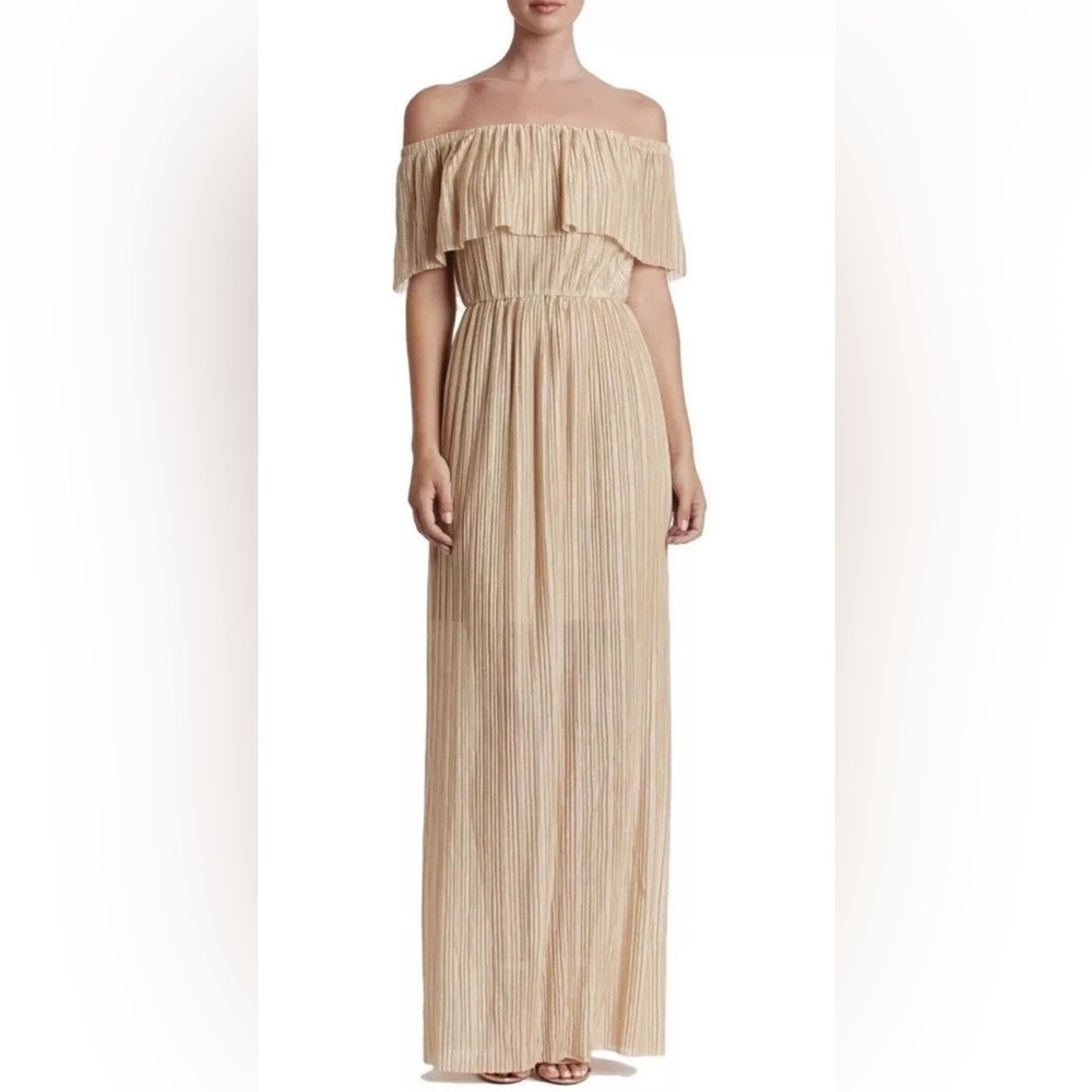 DRESS THE POPULATION ATHENA OFF THE SHOULDER PLEATED DRESS SIZE XS GOLD SHIMMER